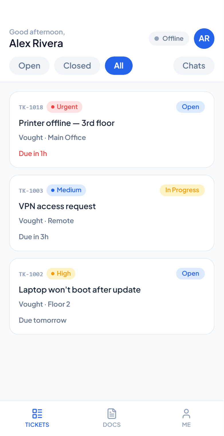PalmDesk convenient agent mobile web app interface showing active tasks